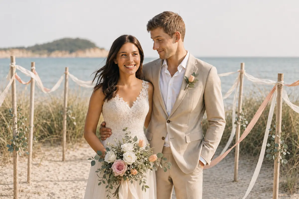 Emilia und Fabian als Brautpaar bei ihrer Hochzeit am Meer