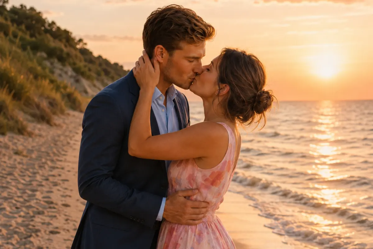 Pauline und Cornelius küssen sich im Abendlicht am Meer
