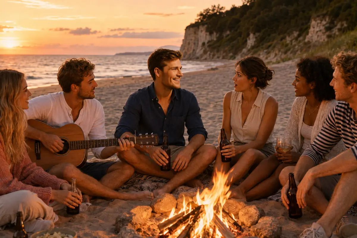 Freunde sitzen mit einer Gitarre am Lagerfeuer am Strand