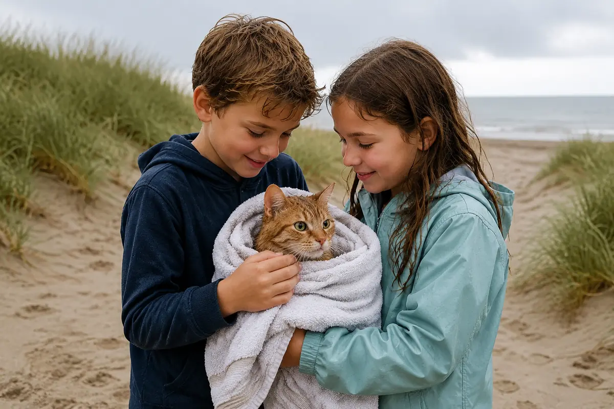 Jonas und Luana kümmern sich um eine kleine Katze