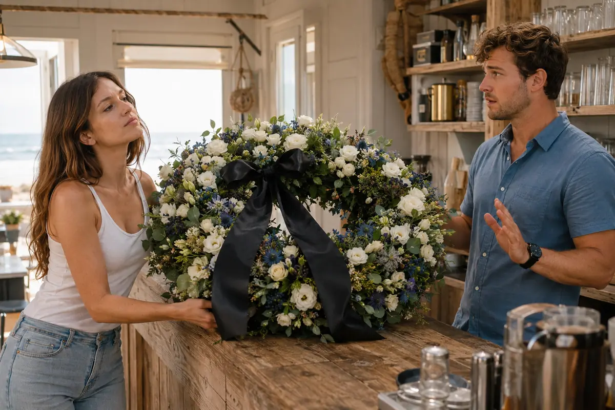 Alena stellt Silas mit einem großen Blumenkranz zur Rede